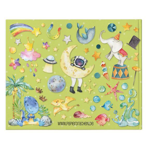 Papierdrachen Hochwertiges Freundebuch für Kinder - Schulfreunde - Grün - Poesiealbum mit Dinos, Rittern, Astronauten - für 27 Freunde - buntes kindgerechtes Design