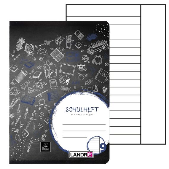 LANDRÉ Schulheft A5, 16 Blatt, Lineatur 9, liniert mit Rand, 10 Stück (Packung mit 2)