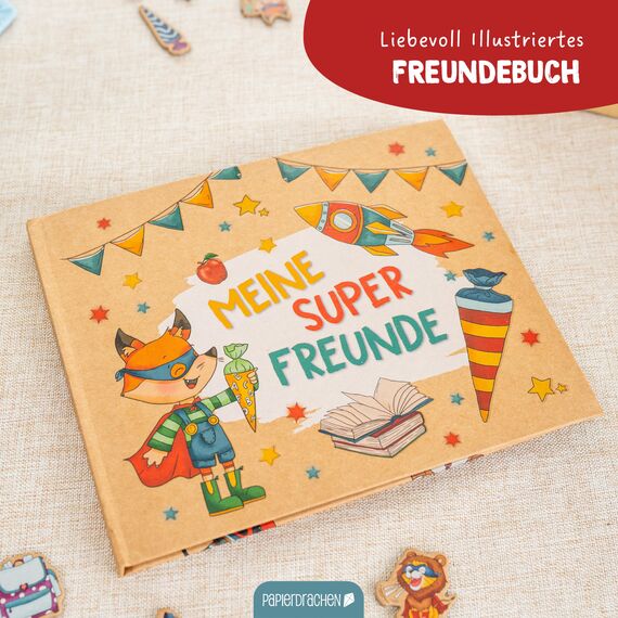 Papierdrachen Hochwertiges Freundebuch für Kinder - Superhelden Tiere - für 27 Freunde - buntes kindgerechtes Design - tolle Geschenkidee für den Schulstart - Set 7