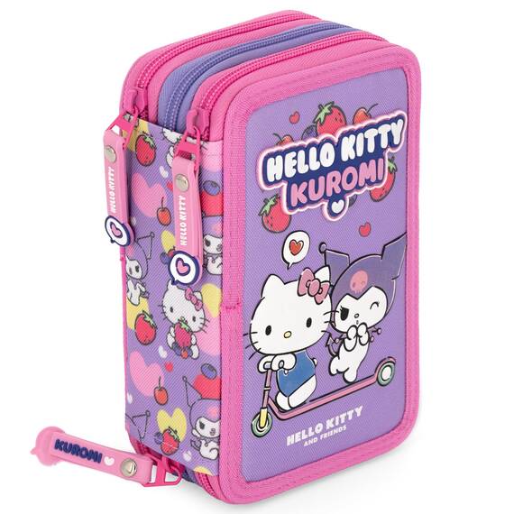 Clondo 3-Fach Federmäppchen Mädchen Gefüllt für Hello Kitty Kuromi Fan – Schulmäppchen Set 46 Teile mit Radierbaren Stiften, Filzstiften, Buntstiften – ideal für Schule & als Geschenk