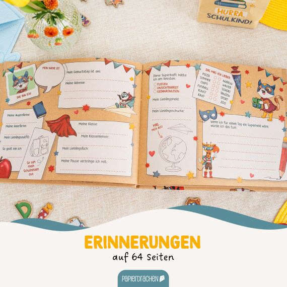 Papierdrachen Hochwertiges Freundebuch für Kinder - Superhelden Tiere - für 27 Freunde - buntes kindgerechtes Design - tolle Geschenkidee für den Schulstart - Set 7