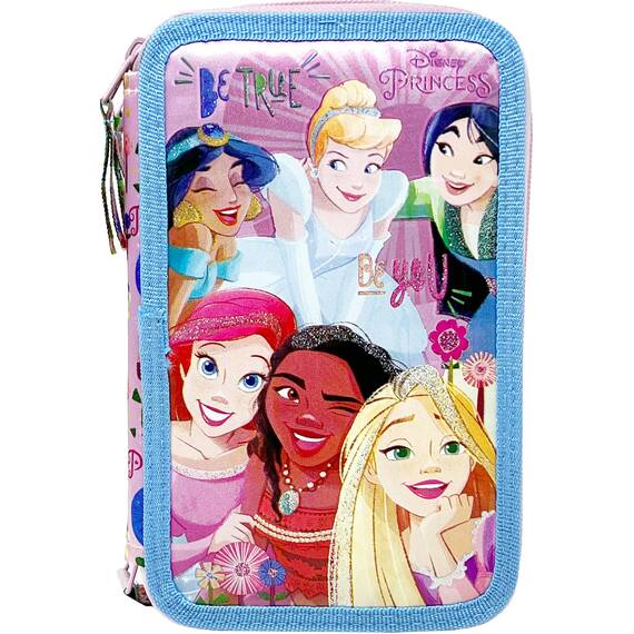 Clondo Mädchen 3-Fach Federmäppchen für Disney Prinzessinnen Fans – 44-teilig, komplett gefüllt – mit Schere, Lineal, Buntstiften – Rosa & Lila – Ideal für Schule & als Geschenk