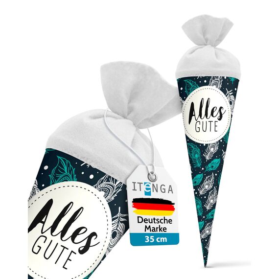itenga Geschwisterschultüte 35 cm Tiere Pflanzen Muster Geschenkverpackung Schultüte Zuckertüte Filzverschluss Kinder Erwachsene (Federn mit Text)