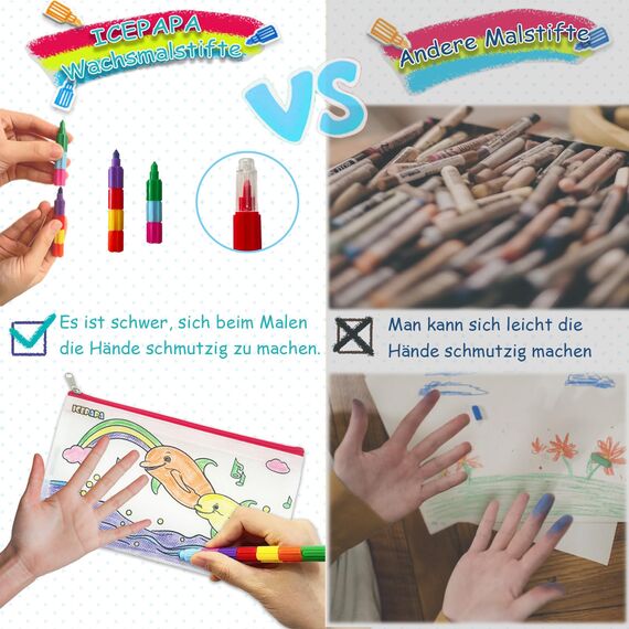 ICEPAPA, 12 Federmäppchen zum Bemalen für Kinder und 12 Wachsmalstifte Stapelbar (10 Farben in 1), Perfekt für Kleine Geschenke für Kinder, Gastgeschenk Kindergeburtstag, Gastgeschenke Hochzeit