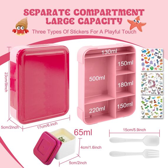 PUWOWYE Brotdose Kinder mit Fächern, Bento Box Kinder, 1330 ml Auslaufsicher Lunchbox Kinder, Brotbox für Mädchen & Jungen, geeignet für Schule, Kindergarten & Ausflüge BPA frei, Rosa