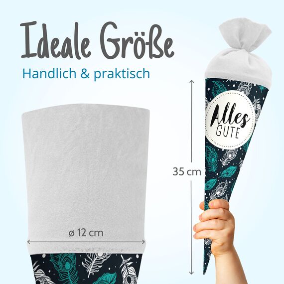 itenga Geschwisterschultüte 35 cm Tiere Pflanzen Muster Geschenkverpackung Schultüte Zuckertüte Filzverschluss Kinder Erwachsene (Federn mit Text)