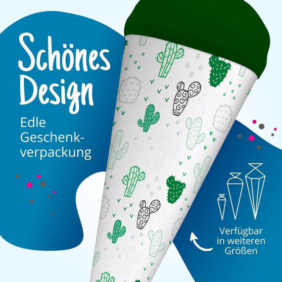 itenga Geschwisterschultüte 35 cm Tiere Pflanzen Muster Geschenkverpackung Schultüte Zuckertüte Filzverschluss Kinder Erwachsene (Kaktus)