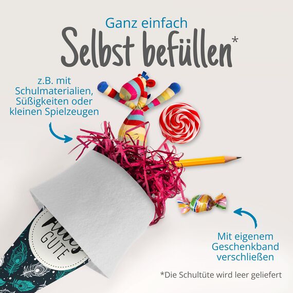itenga Geschwisterschultüte 35 cm Tiere Pflanzen Muster Geschenkverpackung Schultüte Zuckertüte Filzverschluss Kinder Erwachsene (Federn mit Text)