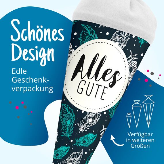 itenga Geschwisterschultüte 35 cm Tiere Pflanzen Muster Geschenkverpackung Schultüte Zuckertüte Filzverschluss Kinder Erwachsene (Federn mit Text)