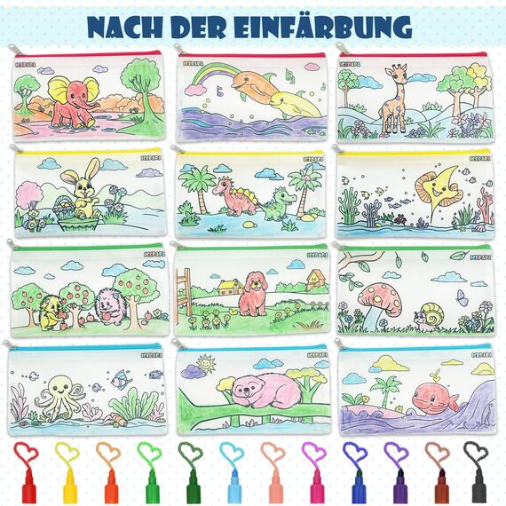ICEPAPA, 12 Federmäppchen zum Bemalen für Kinder und 12 Wachsmalstifte Stapelbar (12 Farben in 1), Perfekt für Kleine Geschenke für Kinder, Gastgeschenk Kindergeburtstag, Gastgeschenke Hochzeit