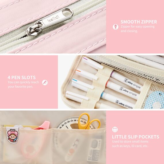KALIDI Federmäppchen Mäppchen Federtaschen 2 Fächer, extra groß Pencil Case Stifte Etui Schule, Aesthetic Federmäppchen Mäppchen für Mädchen und Jungen, Nylon Rosa