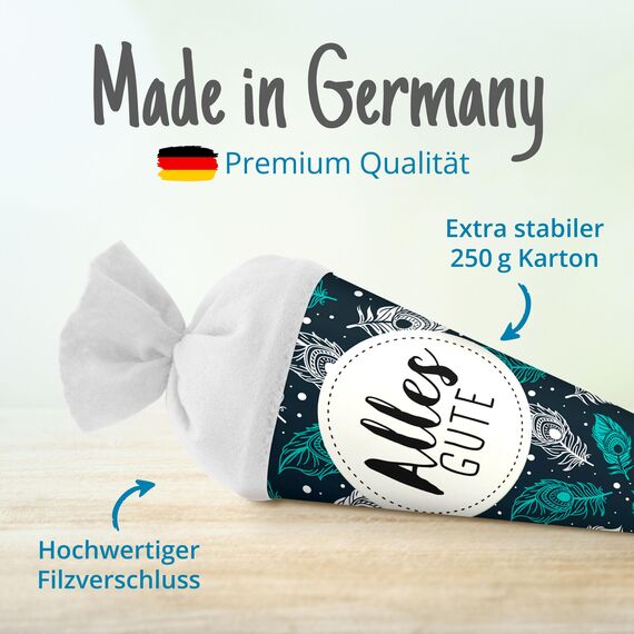 itenga Geschwisterschultüte 35 cm Tiere Pflanzen Muster Geschenkverpackung Schultüte Zuckertüte Filzverschluss Kinder Erwachsene (Federn mit Text)