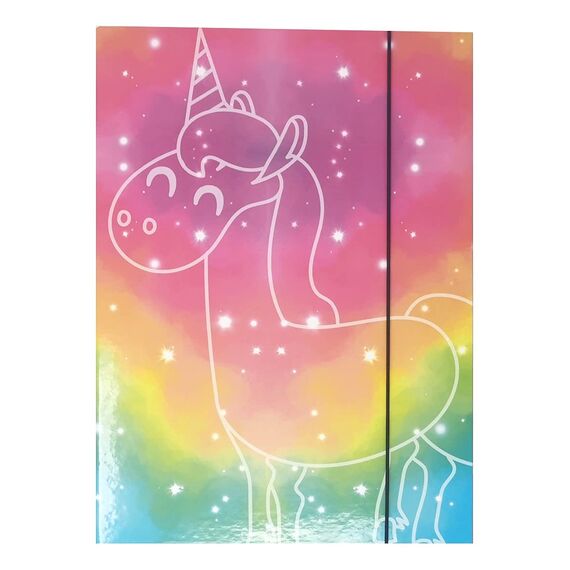 Stabile Kinder Box Sammelbox Heftbox Heftmappe Sammelmappe für Schulranzen Dossier Ordner mit Gummizug Gummiband und Innenklappen DIN A4 für Mädchen (Einhorn unicorn)