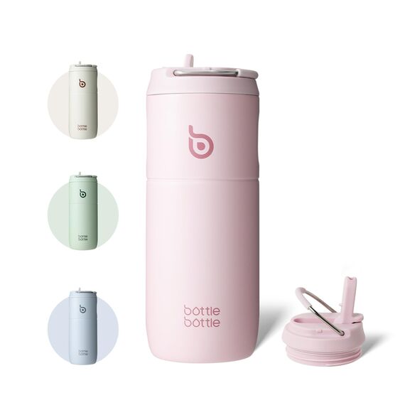 BOTTLE BOTTLE Edelstahl Trinkflasche mit Strohhalm 500ml, auslaufsichere Sportwasserflasche, ideal für Schule, Büro, Wandern und Ausflüge, BPA-frei (Pink)