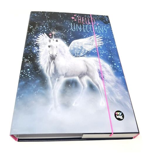 Stabile Kinder Box Sammelbox Heftbox Heftmappe Sammelmappe für Schulranzen Dossier Ordner mit Gummizug Gummiband und Innenklappen DIN A4 für Mädchen (Einhorn Unicorn AA)