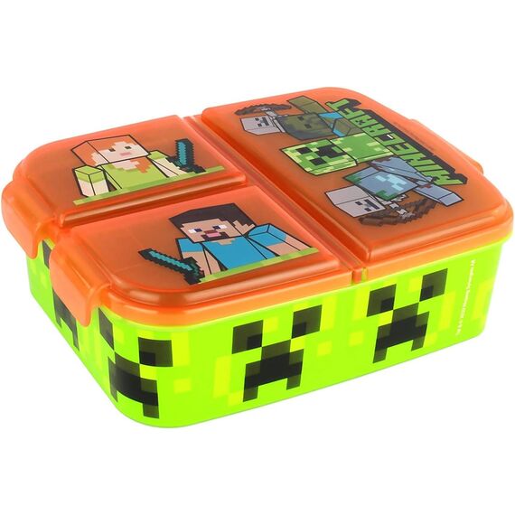 Minecraft Brotdose Kinder - Lunchbox mit 3 Fächern und Clip-Verschlüssen, Bento Snackbox aus Kunststoff für Kindergarten, Schule und Freizeit - Vesperdose robust & leicht zu öffnen