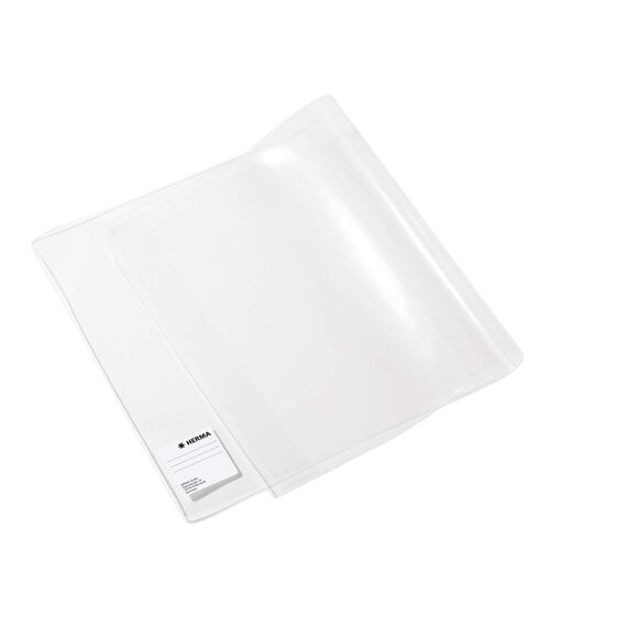 HERMA 20224 Buchumschläge 26,7 x 54 cm Basic, 3 Stück, Buchhüllen mit Beschriftungsetikett und Kantenschutz aus abwischbarer Polypropylen-Folie, Buchschoner Set für Schulbücher, transparent