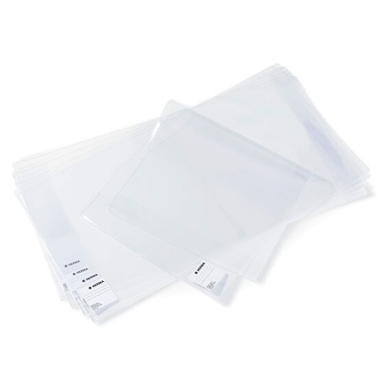 HERMA 14300 Buchumschläge 30 x 54 cm Basic, 10 Stück, Buchhüllen mit Beschriftungsetikett und Kantenschutz aus abwischbarer Polypropylen-Folie, Buchschoner Set für Schulbücher, transparent
