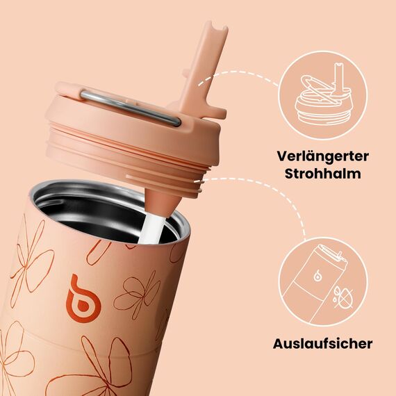 bottlebottle Edelstahl Trinkflasche mit Strohhalm 500ml, auslaufsichere Sportwasserflasche, ideal für Schule, Büro, Wandern und Ausflüge, BPA-frei (Gelbe Blumen)