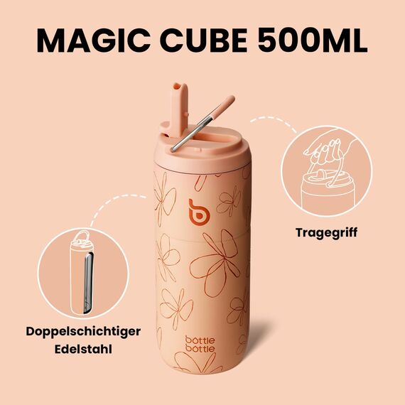 bottlebottle Edelstahl Trinkflasche mit Strohhalm 500ml, auslaufsichere Sportwasserflasche, ideal für Schule, Büro, Wandern und Ausflüge, BPA-frei (Gelbe Blumen)