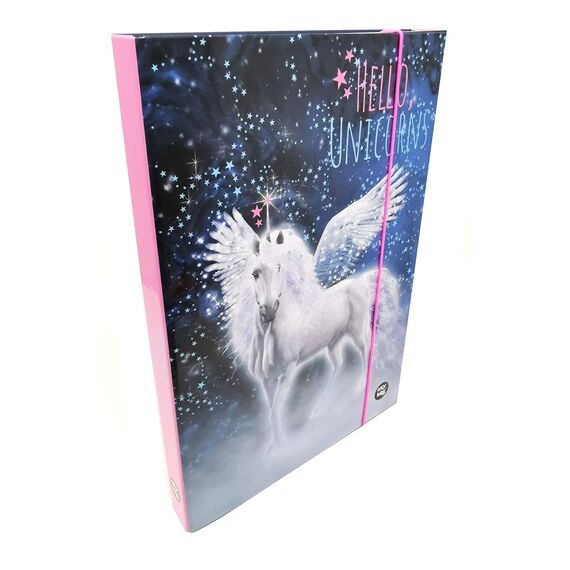 Stabile Kinder Box Sammelbox Heftbox Heftmappe Sammelmappe für Schulranzen Dossier Ordner mit Gummizug Gummiband und Innenklappen DIN A4 für Mädchen (Einhorn Unicorn AA)