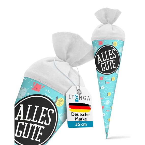 itenga Geschwisterschultüte 35 cm Tiere Pflanzen Muster Geschenkverpackung Schultüte Zuckertüte Filzverschluss Kinder Erwachsene (Fische mit Text)