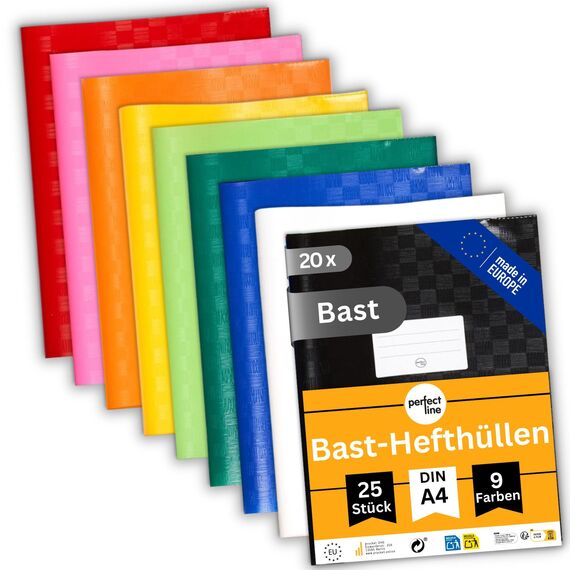 perfect line 500 Bast-Hefthüllen DIN-A4, 9 Farben, Heftumschlag mit Beschriftungsetikett, Heftschoner aus recycelbarem PP, dokumentenecht (20 Sets á 25 Stk.)