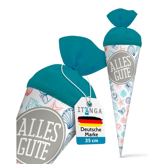 itenga Geschwisterschultüte 35 cm Tiere Pflanzen Muster Geschenkverpackung Schultüte Zuckertüte Filzverschluss Kinder Erwachsene (Muscheln mit Text)