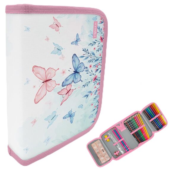 itenga Schüler-Etui 28 teilig gefüllt 1-Zipper Federmäppchen für Jungen und Mädchen (Schmetterling Elara)