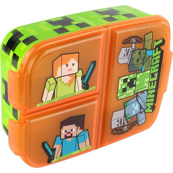 Minecraft Brotdose Kinder - Lunchbox mit 3 Fächern und Clip-Verschlüssen, Bento Snackbox aus Kunststoff für Kindergarten, Schule und Freizeit - Vesperdose robust & leicht zu öffnen