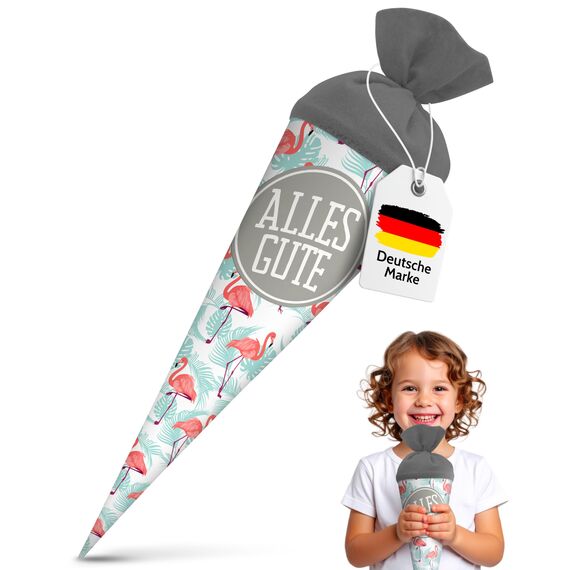 itenga Geschwisterschultüte 35 cm Tiere Pflanzen Muster Geschenkverpackung Schultüte Zuckertüte Filzverschluss Kinder Erwachsene (Flamingo mit Text)