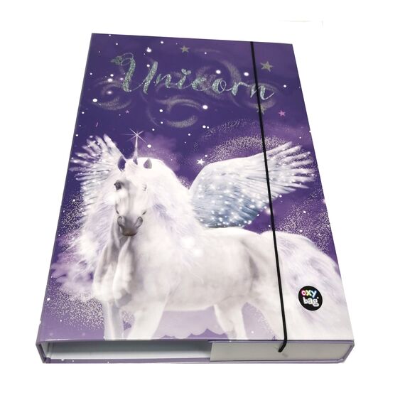 Stabile Kinder Box Sammelbox Heftbox Heftmappe Sammelmappe für Schulranzen Dossier Ordner mit Gummizug Gummiband und Innenklappen DIN A4 für Mädchen (Einhorn 1A)