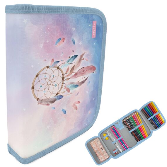 itenga Schüler-Etui 28 teilig gefüllt 1-Zipper Federmäppchen für Jungen und Mädchen (Traumfänger)