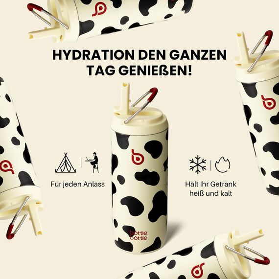 BOTTLE BOTTLE Edelstahl Trinkflasche mit Strohhalm 500ml, auslaufsichere Sportwasserflasche, ideal für Schule, Büro, Wandern und Ausflüge, BPA-frei (Cow)