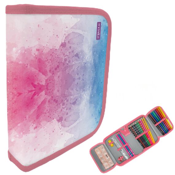 itenga Schüler-Etui 28 teilig gefüllt 1-Zipper Federmäppchen für Jungen und Mädchen (Regenbogen Wasserfarben)
