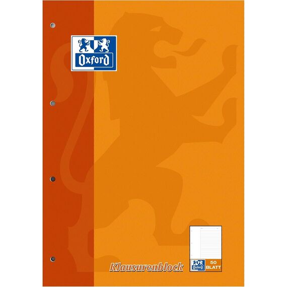 Oxford Schule Klausuren-Block A4, liniert mit Rand, 50 Blatt, orange (3er Pack)