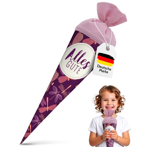 itenga Geschwisterschultüte 35 cm Tiere Pflanzen Muster Geschenkverpackung Schultüte Zuckertüte Filzverschluss Kinder Erwachsene (Libellen mit Text)