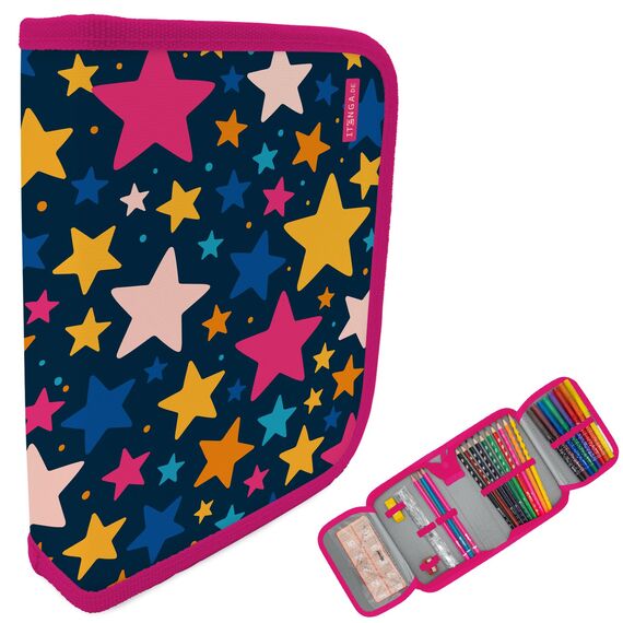 itenga Schüler-Etui 28 teilig gefüllt 1-Zipper Federmäppchen für Jungen und Mädchen (Sterne)