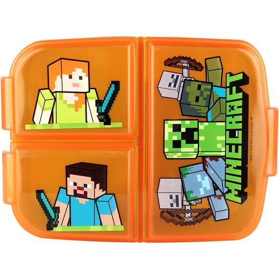 Minecraft Brotdose Kinder - Lunchbox mit 3 Fächern und Clip-Verschlüssen, Bento Snackbox aus Kunststoff für Kindergarten, Schule und Freizeit - Vesperdose robust & leicht zu öffnen