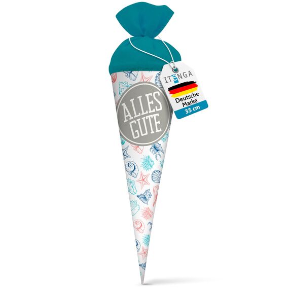 itenga Geschwisterschultüte 35 cm Tiere Pflanzen Muster Geschenkverpackung Schultüte Zuckertüte Filzverschluss Kinder Erwachsene (Muscheln mit Text)