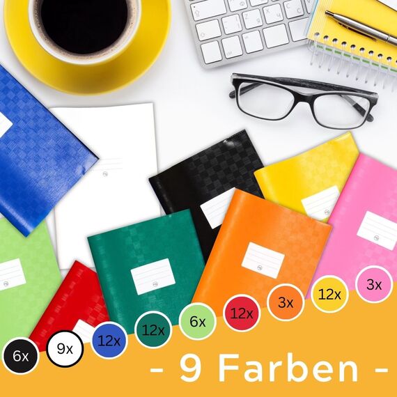 perfect line 75 Bast-Hefthüllen DIN-A4, 9 Farben, Heftumschlag mit Beschriftungsetikett, Heftschoner aus recycelbarem PP, dokumentenecht (3 x 25 Stk.)
