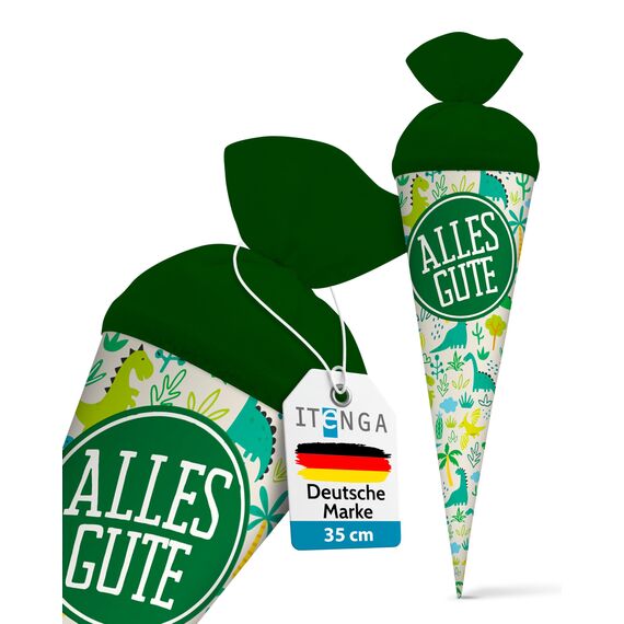 itenga Geschwisterschultüte 35cm Tiere Tiermuster Geschenkverpackung Schultüte Zuckertüte Filzverschluss Kinder Erwachsene (Dinos mit Text Alles Gute)