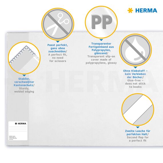 HERMA 20226 Buchumschläge 30 x 54 cm Basic, 3 Stück, Buchhüllen mit Beschriftungsetikett & Kantenschutz aus abwischbarer Polypropylen-Folie, Buchschoner Set für Schulbücher, transparent
