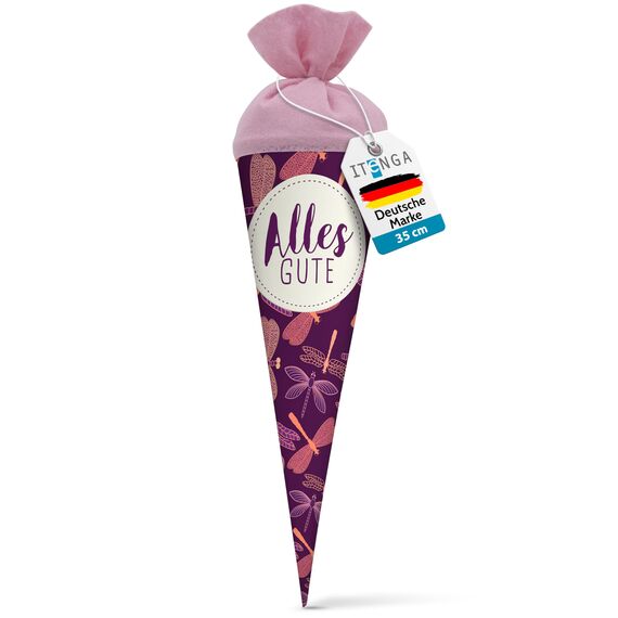 itenga Geschwisterschultüte 35 cm Tiere Pflanzen Muster Geschenkverpackung Schultüte Zuckertüte Filzverschluss Kinder Erwachsene (Libellen mit Text)