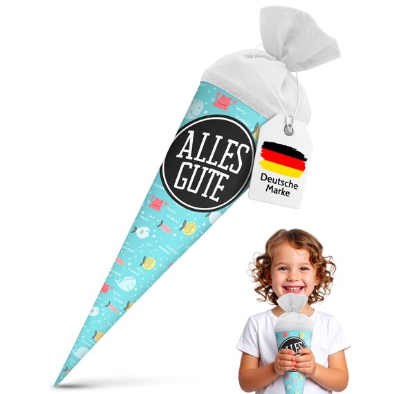 itenga Geschwisterschultüte 35 cm Tiere Pflanzen Muster Geschenkverpackung Schultüte Zuckertüte Filzverschluss Kinder Erwachsene (Fische mit Text)