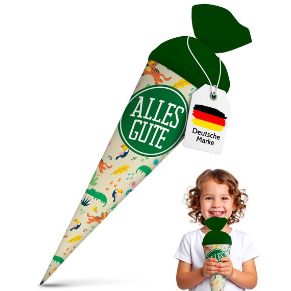 itenga Geschwisterschultüte 35cm Tiere Tiermuster Geschenkverpackung Schultüte Zuckertüte Filzverschluss Kinder Erwachsene (Dschungeltiere mit Text Alles Gute)