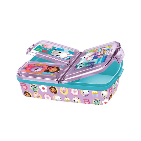 Gabbys Dollhouse Brotdose Kinder - Lunchbox mit 3 Fächern und Clip-Verschlüssen, Bento Snackbox für Kindergarten und Schule - Kunststoff Vesperdose, kompakt für Schulranzen und Rucksack