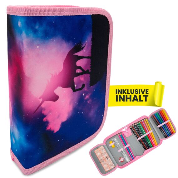 itenga Schüler-Etui 28 teilig gefüllt 1-Zipper Federmäppchen für Jungen und Mädchen (magisches Einhorn)