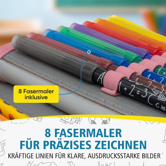 itenga Schüler-Etui 28 teilig gefüllt 1-Zipper Federmäppchen für Jungen und Mädchen (Regenbogen Wasserfarben)