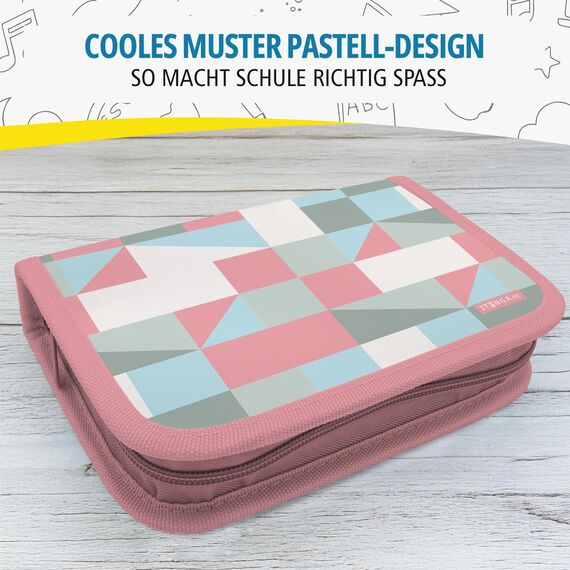 itenga Schüler-Etui 28 teilig gefüllt 1-Zipper Federmäppchen für Jungen und Mädchen (Muster Pastell)